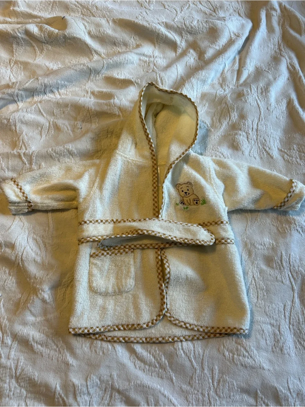 Kids Cream Hooded Bathrobe with Bear Embroidery 100% Cotton Size 0-9 Months